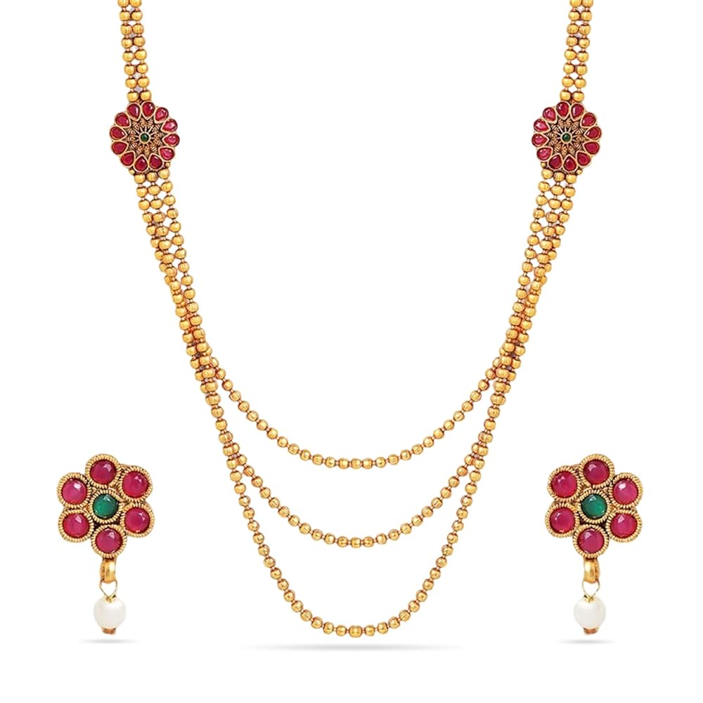 Rubans Gold-Plated Layered Handcrafted Artificial Jewelry Set with Ruby Stoned And Matching Earrings For Women and Girls – Perfect for Weddings and Special Occasions