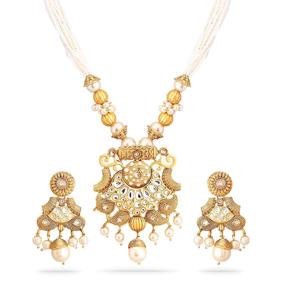 Rubans Gold-Plated Pearl & White Stone Studded Necklace Jewellery Set For Women