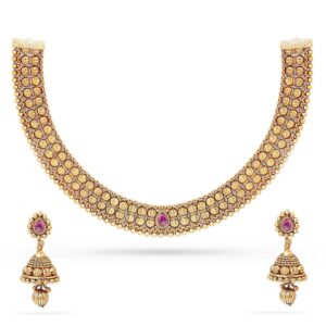 Rubans Gold-Plated Pink Stone-Studded Beaded Handcrafted Temple Jewellery Set For Women