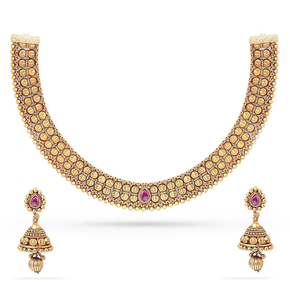 Rubans Gold-Plated Pink Stone-Studded Beaded Handcrafted Temple Jewellery Set For Women
