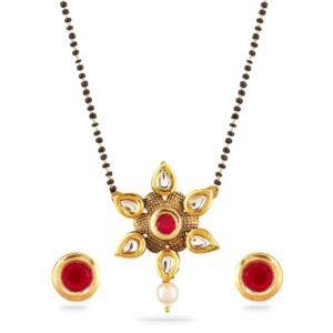 Rubans Gold-Plated Red White Kundan Studded Mangalsutra With Earrings