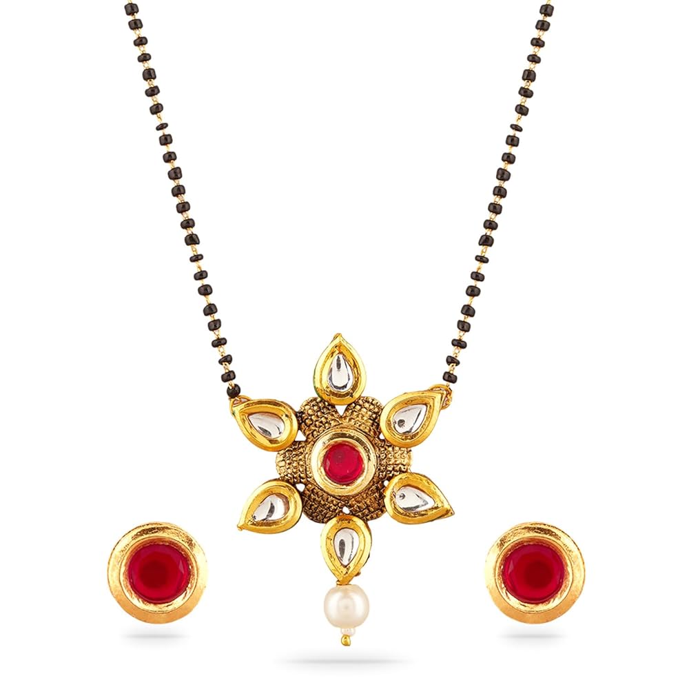 Rubans Gold-Plated Red White Kundan Studded Mangalsutra With Earrings