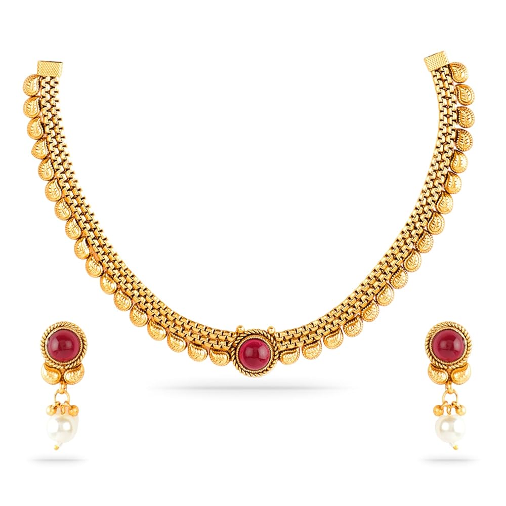Rubans Gold-Plated Traditional Stone Studded & Pearl Beaded Necklace Set For Women and Girls – Perfect for Weddings and Special Occasions