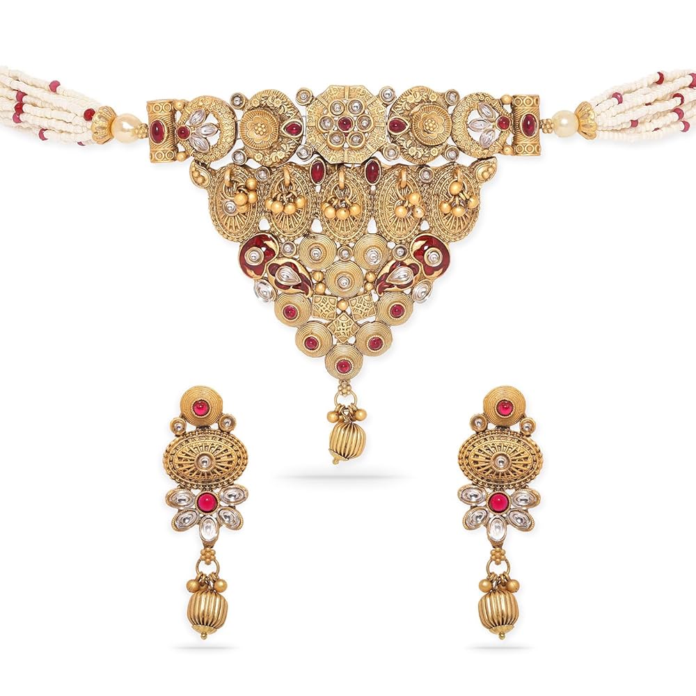 Rubans Gold-Toned Handcrafted Artificial Jewelry Choker Set with White Beads & Matching Earrings For Women and Girls – Perfect for Weddings and Special Occasions
