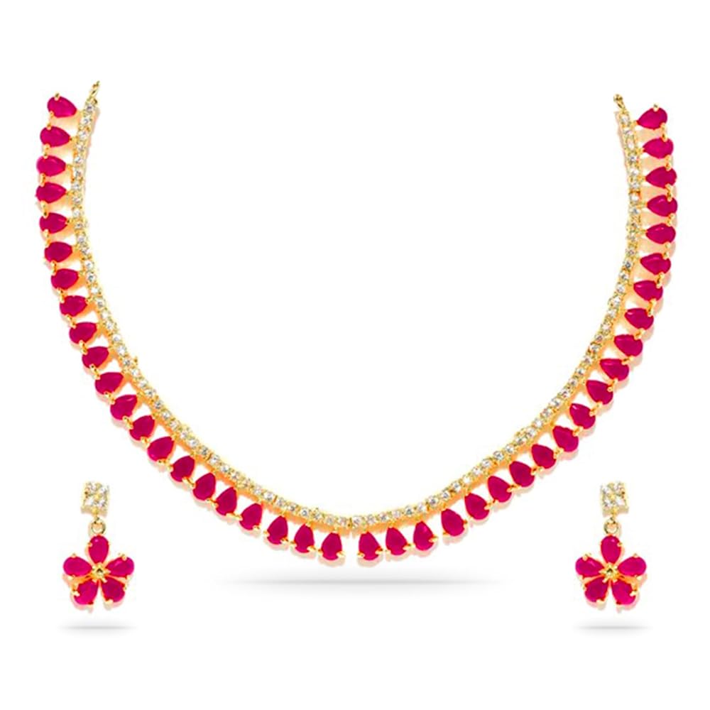 Rubans Gold-Toned Pink CZ Stone-Studded Jewellery Set For Women
