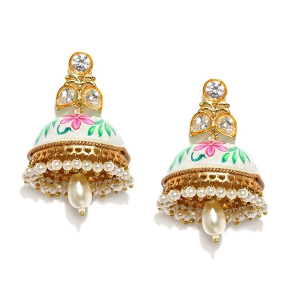 Rubans Gold-Toned White Hand Painted Kundan Jhumkas For Women