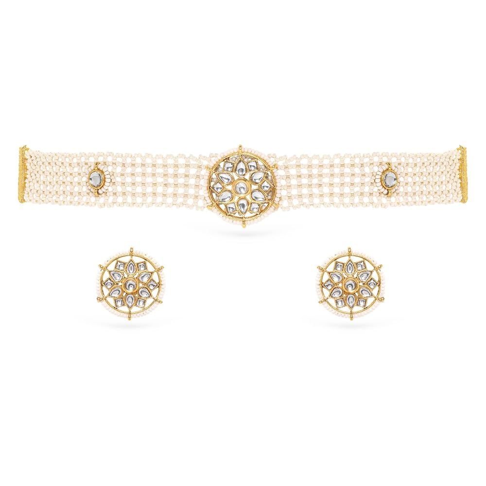 Rubans Handcrafted 22K Gold-Plated Artificial Kundan-Small/Big Stones Traditional Choker Necklace Set with Earrings for Women and Girls – Perfect for Weddings and Gifting.