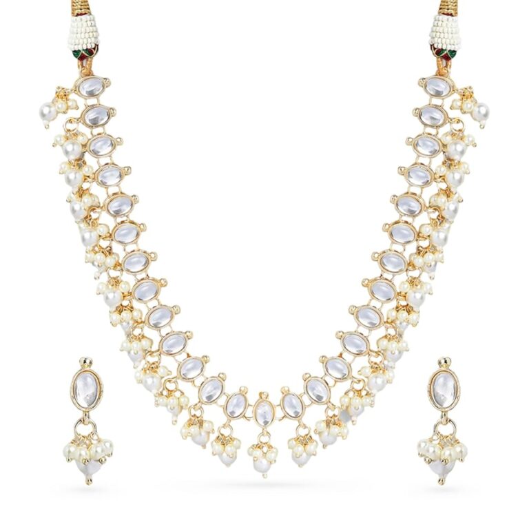 Rubans Handcrafted Gold Plated Artificial White Kundan Studded-Small/Big Stones and Pearl-Beaded Traditional Necklace Set with Earrings for Women and Girls–Perfect for Weddings...