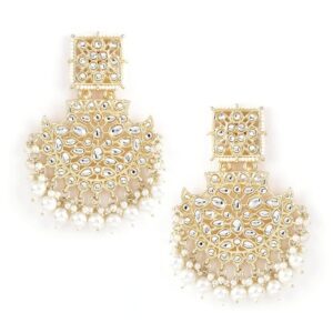 Rubans Off-White Gold-Plated Kundan-Studded Long Chandbalis with Pearl-Beaded For Women