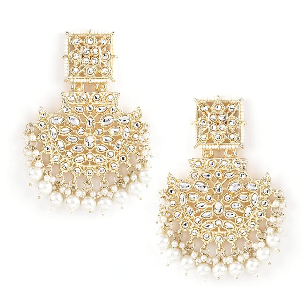 Rubans Off-White Gold-Plated Kundan-Studded Long Chandbalis with Pearl-Beaded For Women