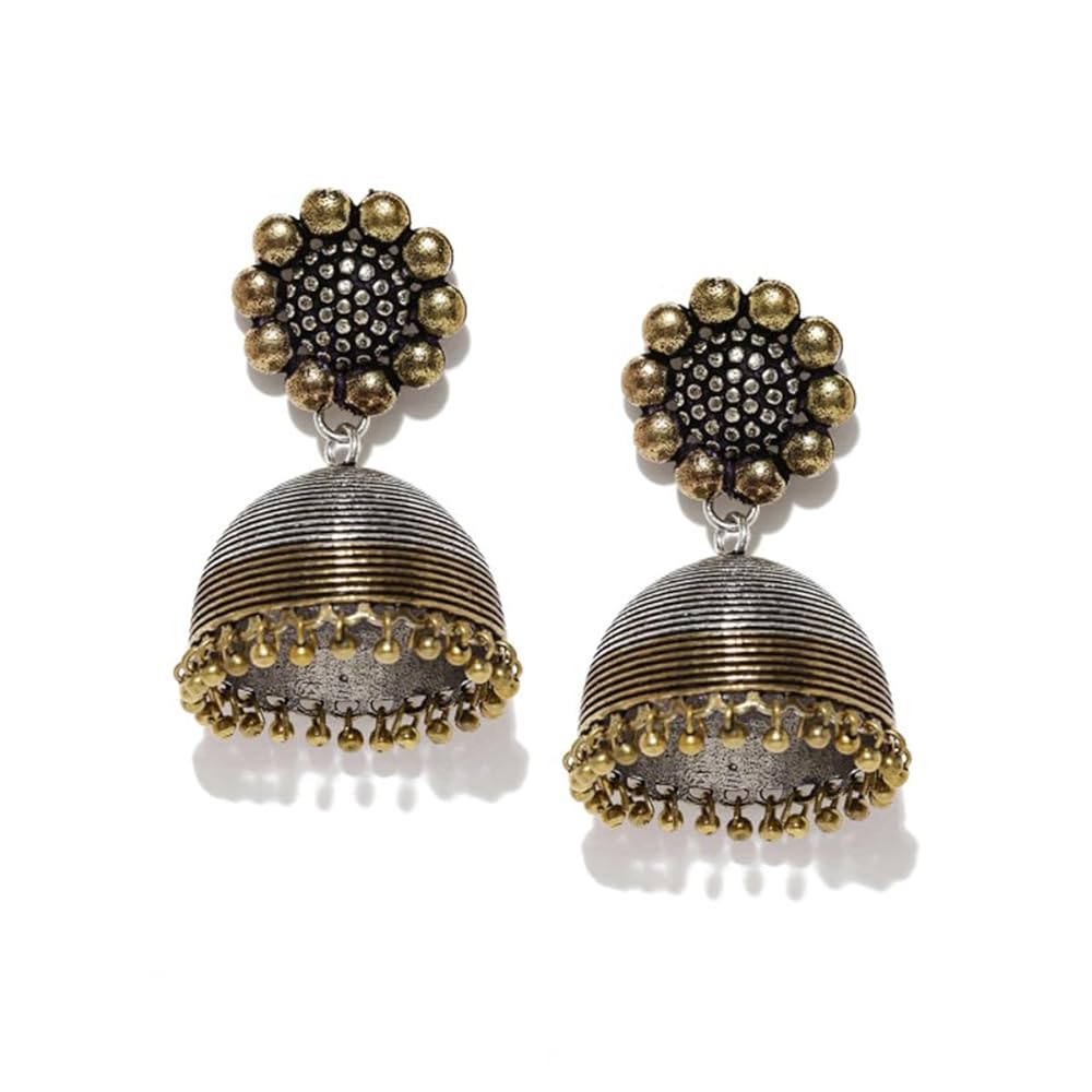 Rubans Oxidised Collection Silver & Antique Gold Toned Artistic Flower Detailed Dome Shaped Jhumka Earrings for Women & Girls, Perfect for Any Occasion