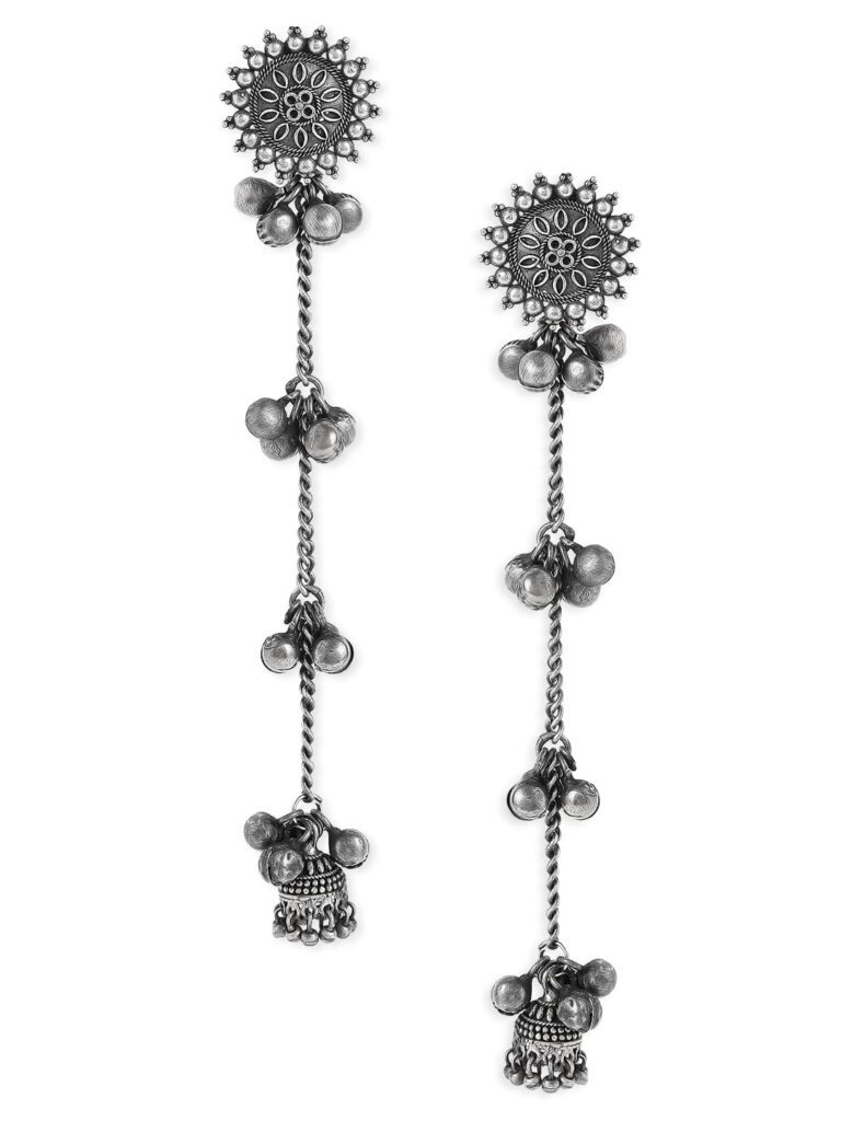 Rubans Oxidised Collection Silver Plated Flower Detailing & Ghungroo Beaded Contemporary Shoulder Duster Drop Earrings for Women & Girls, Ideal for Festive & Special Occasions