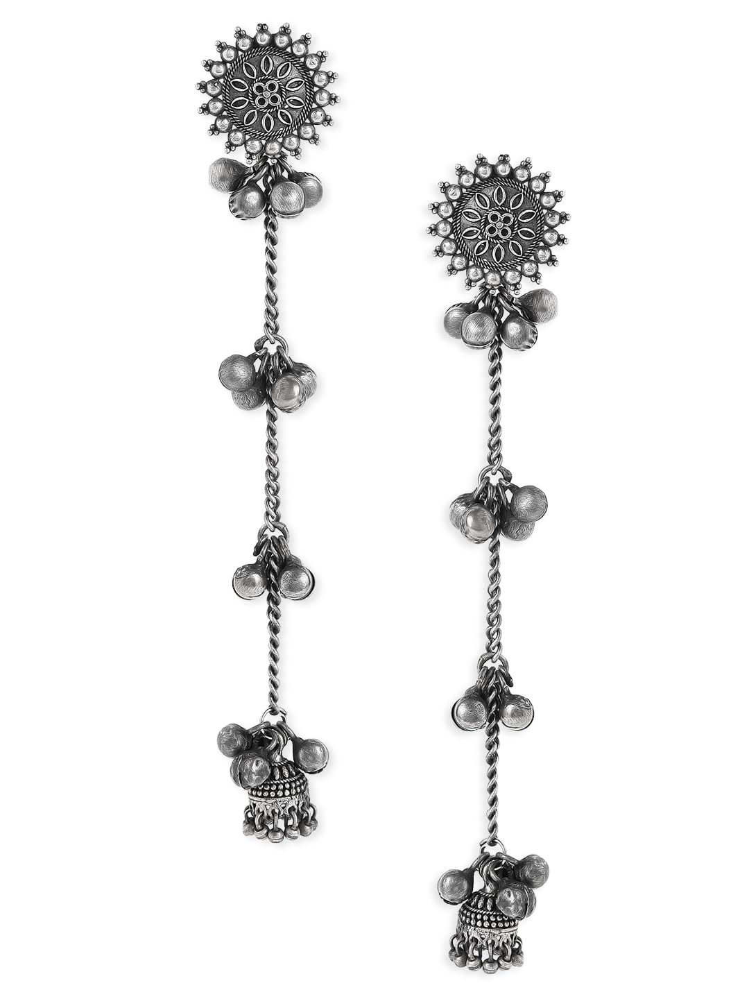 Rubans Oxidised Collection Silver Plated Flower Detailing & Ghungroo Beaded Contemporary Shoulder Duster Drop Earrings for Women & Girls, Ideal for Festive & Special Occasions