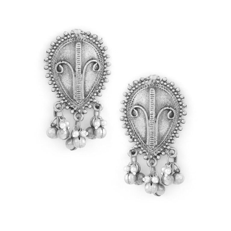 Rubans Oxidised Silver-Plated Antique Motif Stud Earrings with Beaded Danglers for Women & Girls, Perfect for Festive, Wedding & Special Occasions