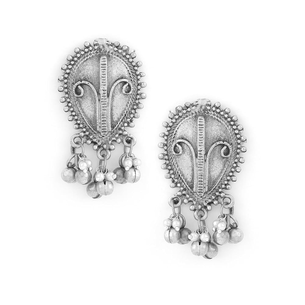 Rubans Oxidised Silver-Plated Antique Motif Stud Earrings with Beaded Danglers for Women & Girls, Perfect for Festive, Wedding & Special Occasions