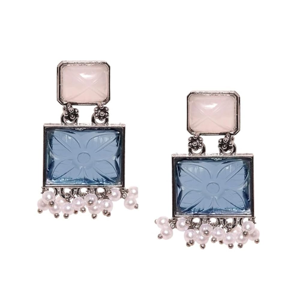 Rubans Oxidised Silver-Plated Blue & White Stone Studded Drop Earrings with Pearl Beads for Women – Perfect for Festivesor any Special Occasions