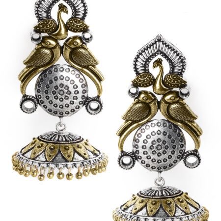 Rubans Oxidised Silver Plated Dual Tone Gold and Silver Handcrafted Peacock Jhumka Earrings with Pink Stone Detailing for Women and Girls, Perfect for Festive and Special Occasions