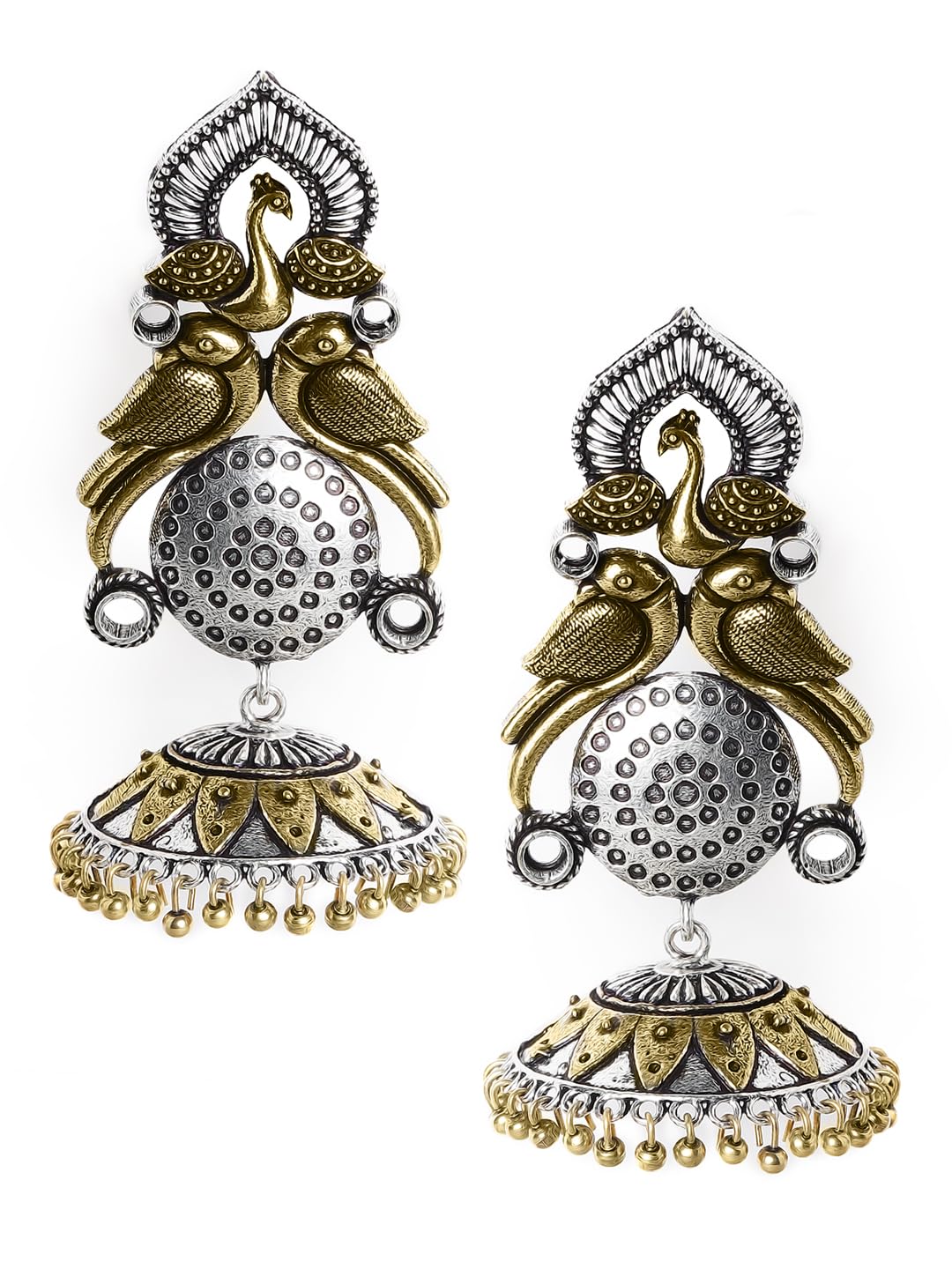 Rubans Oxidised Silver Plated Dual Tone Gold and Silver Handcrafted Peacock Jhumka Earrings with Pink Stone Detailing for Women and Girls, Perfect for Festive and Special Occasions