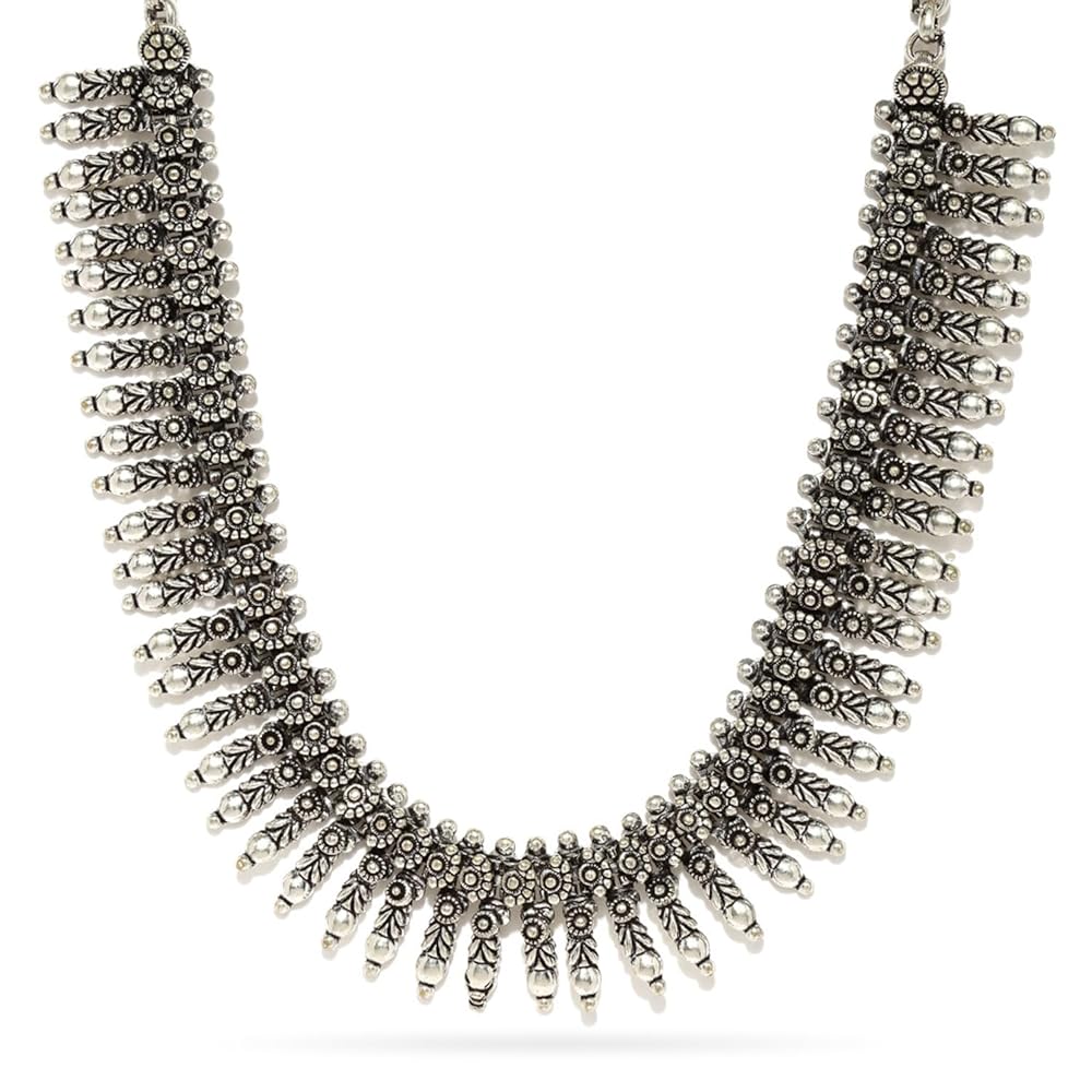 Rubans Oxidised Silver-Toned Textured Necklace For Women