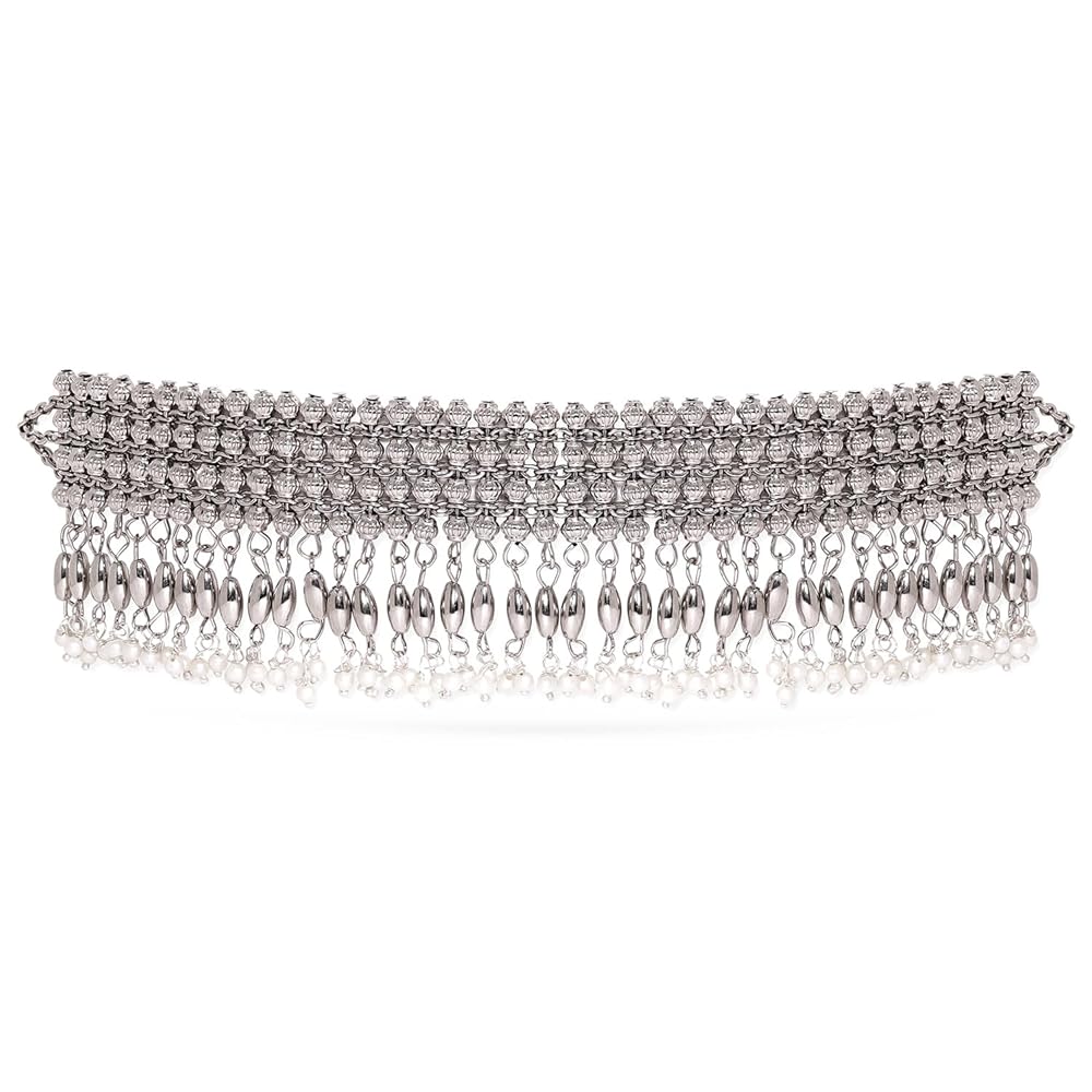 Rubans Oxidized Silver-Plated Handcrafted Beaded Choker Necklace with Silver Dangling Beads for Women Ethnic & Festivals
