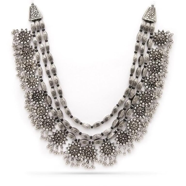 Rubans Oxidized Silver Plated Multi Layered Floral Design Ghungroo Beaded Handcrafted Traditional Necklace for Women and Girls, Perfect for Festive and Wedding Occasions