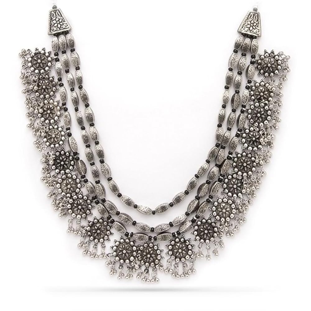 Rubans Oxidized Silver Plated Multi Layered Floral Design Ghungroo Beaded Handcrafted Traditional Necklace for Women and Girls, Perfect for Festive and Wedding Occasions