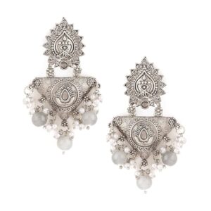 Rubans Oxidized Silver-Plated Pastel Grey Ghungroo Beads Floral Design Statement Earrings – Traditional Jewelry for Women & Girls