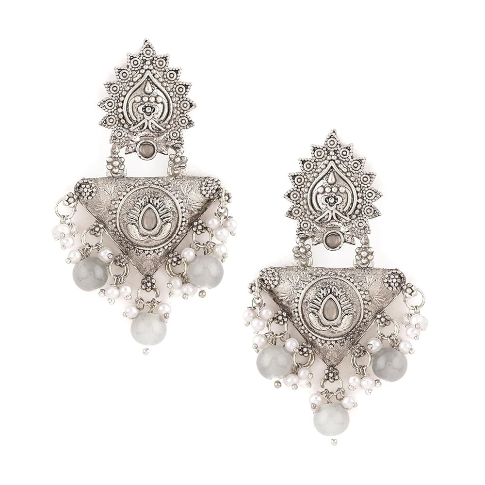 Rubans Oxidized Silver-Plated Pastel Grey Ghungroo Beads Floral Design Statement Earrings – Traditional Jewelry for Women & Girls