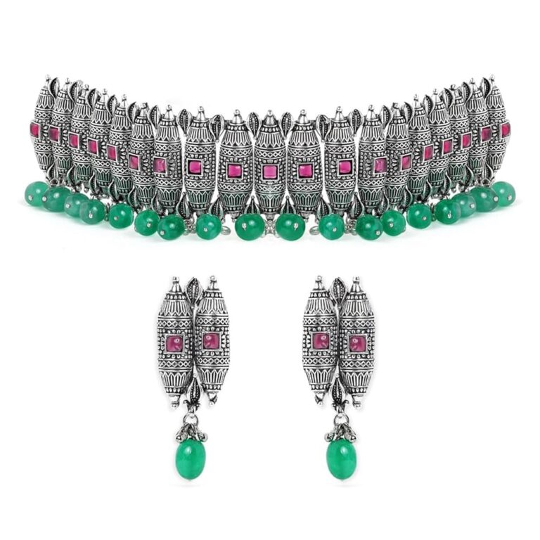 Rubans Oxidized Silver-Plated Ruby Pink & Green Beaded Choker Necklace Set with Earrings for Women & Girls | Traditional Festive & Wedding Jewelry