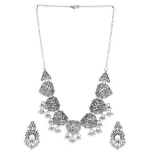 Rubans Radiance Oxidized Silver-Plated Handcrafted Artificial Temple Jewelry Set with Ghungroo Beaded And Matching Earrings For Women and Girls – Perfect for Weddings and...