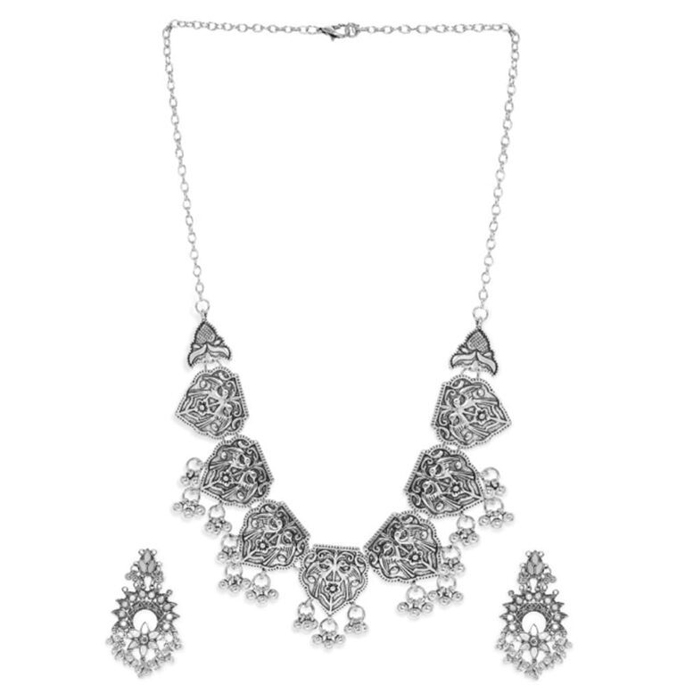 Rubans Radiance Oxidized Silver-Plated Handcrafted Artificial Temple Jewelry Set with Ghungroo Beaded And Matching Earrings For Women and Girls – Perfect for Weddings and...