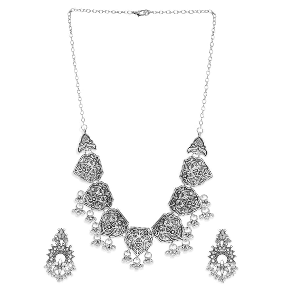 Rubans Radiance Oxidized Silver-Plated Handcrafted Artificial Temple Jewelry Set with Ghungroo Beaded And Matching Earrings For Women and Girls – Perfect for Weddings and...