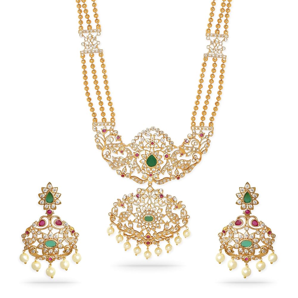 Rubans Regal Gold Tone Temple Necklace Set with Green, Pink & White Stones by For Women