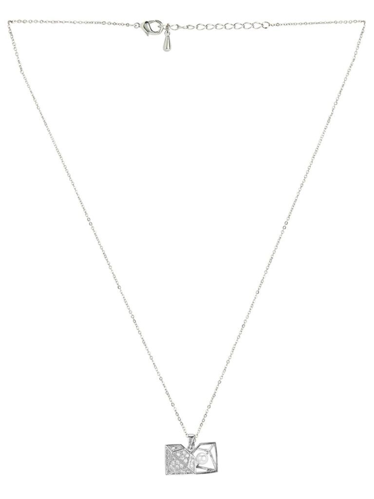 Rubans Rhodium Plated Diamond-Shaped Pendant Necklace with White Crystal Cubic Zirconia Studded Charm for Women & Girls