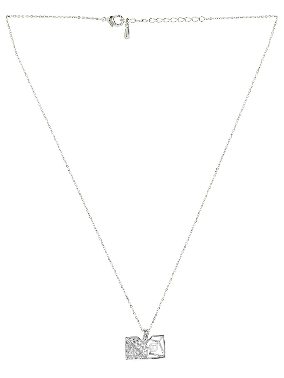 Rubans Rhodium Plated Diamond-Shaped Pendant Necklace with White Crystal Cubic Zirconia Studded Charm for Women & Girls