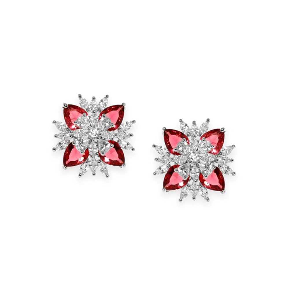 Rubans Rhodium-Plated Ruby Red & Cubic Zirconia Studded Floral Stud Earrings for Women & Girls – Perfect for Parties & Special Occasions