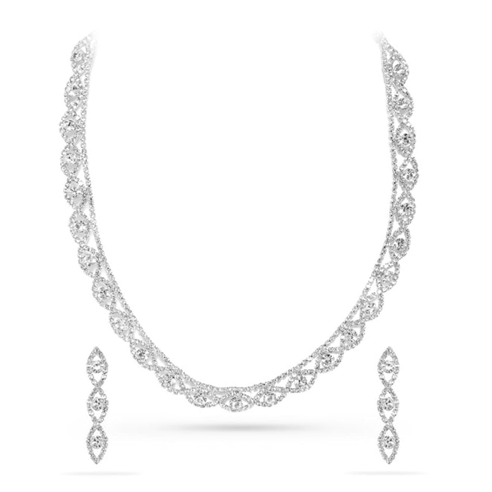 Rubans Rhodium Plated Silver Tone Stylish Luxurious Crystal & Zirconia Studded Premium Necklace Set with Earrings for Women & Girls, Perfect for any Occasion