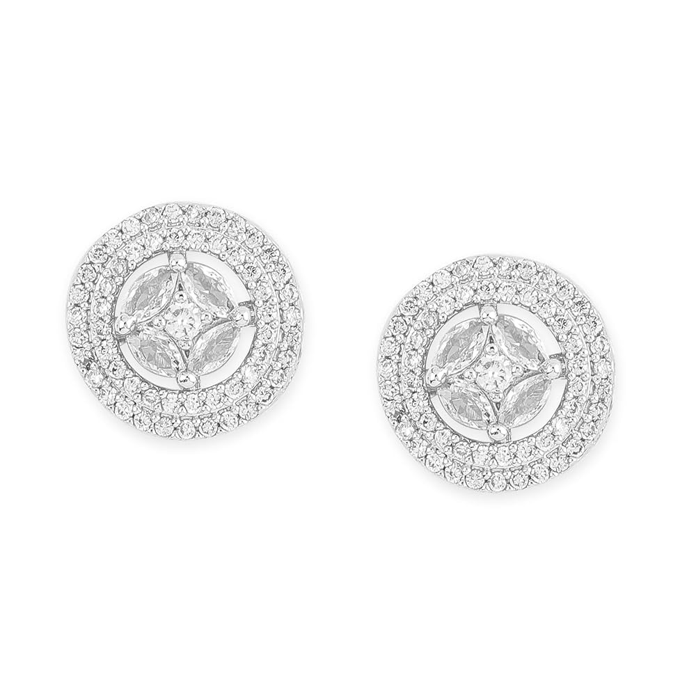 Rubans Rhodium-Plated White Cubic Zirconia Studded Minimal Round Premium Stud Earrings for Women & Girls