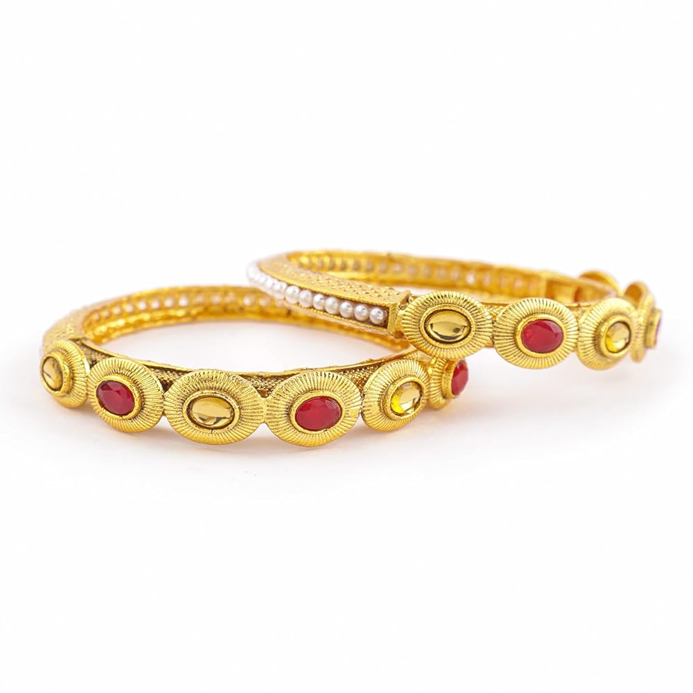 Rubans Set of 2 22KT Gold-Plated Red Brown Pearls Stone-Studded Bangles