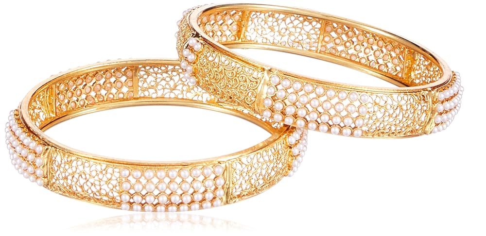 Rubans Set Of 2 Gold-Plated White Pearl-Studded Filgree Handcrafted Bangles