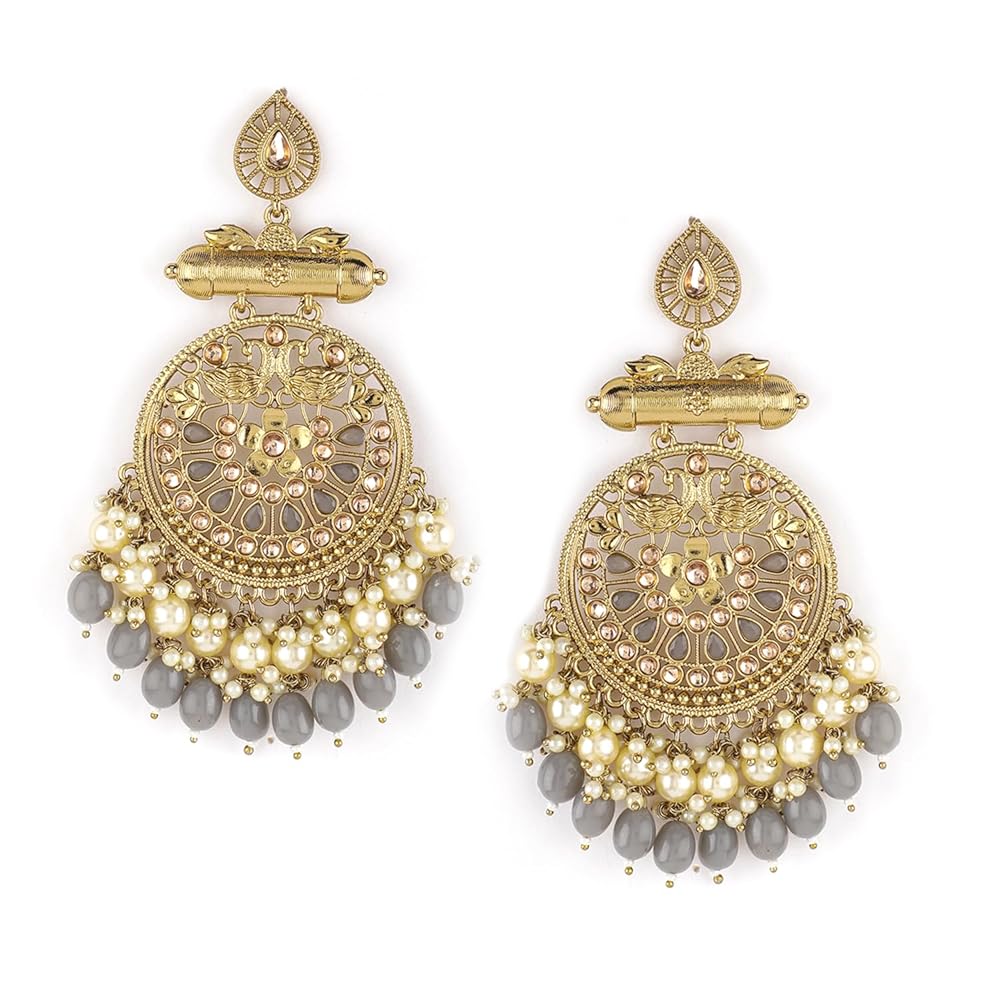 Rubans Traditional 22K Gold Plated Handcrafted Crescent Chandbali Earrings with Beads for Women and Girls Intricate Circular Design- for Weddings and Festive Occasions