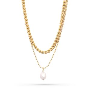 Rubans Women & Girls 18K Gold Plated Cuban Chain & Ball Chain Pearl Charm Necklace.