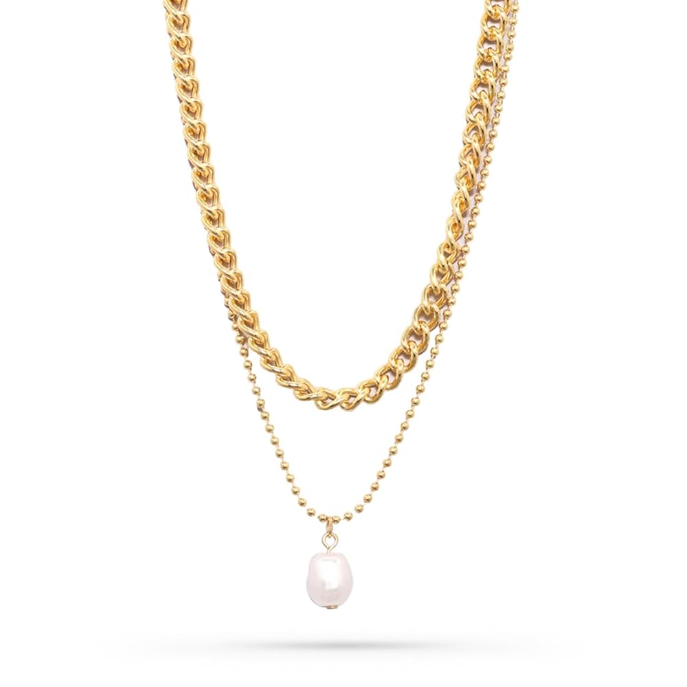Rubans Women & Girls 18K Gold Plated Cuban Chain & Ball Chain Pearl Charm Necklace.