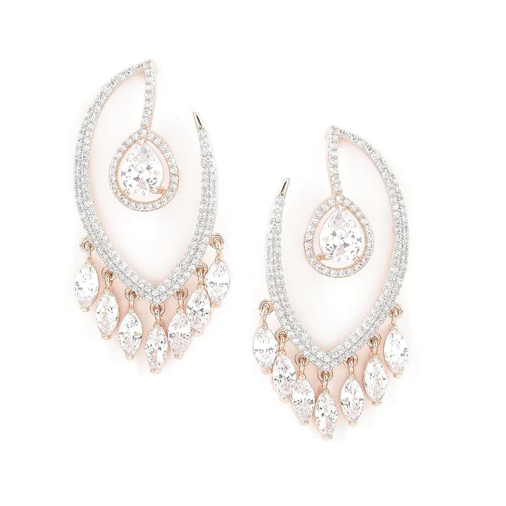 Rubans Womens 18K Rose Gold Plated AD & Cubic Zirconia Studded Teardrop Chandelier Earrings Elegant and Dazzling Jewelry for Special Occasions