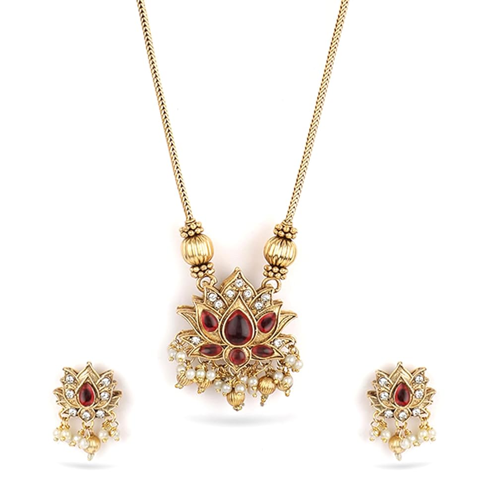 Rubans Women's 22K Gold-Plated 2 In 1 Lotus Motif Ruby & Emerald Stone Studded Jewellery Set