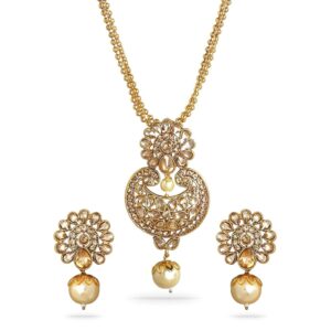 Rubans Women's 22K Gold-Plated Beige Cz-Studded Pearl Beaded Handcrafted Jewellery Set