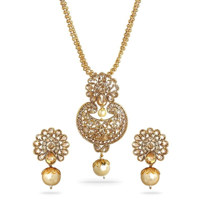 Rubans Women's 22K Gold-Plated Beige Cz-Studded Pearl Beaded Handcrafted Jewellery Set