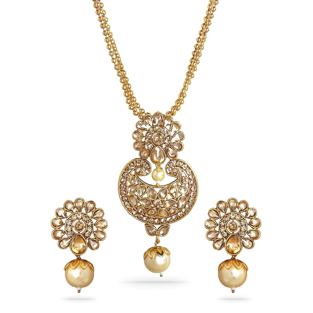 Rubans Women's 22K Gold-Plated Beige Cz-Studded Pearl Beaded Handcrafted Jewellery Set