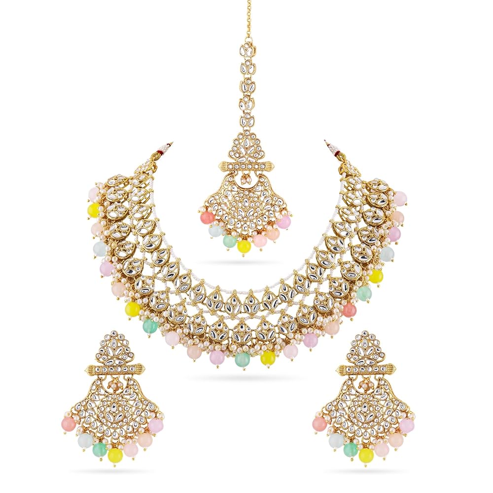 Rubans Women's 22K Gold Plated Kundan Studded Multicolor Pearl Beaded Traditional Jewellery Set
