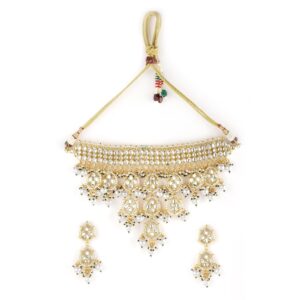 Rubans Women's 22Kt Gold Plated Luxury Kundan Studded White Beaded Choker Set